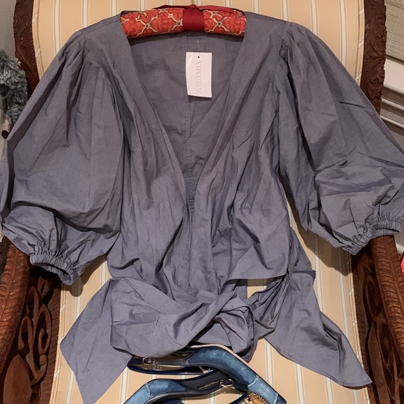 ELIZABETH AND JAMES FARRAH BLOUSON WRAP TOP CRISP STRETCH COTTON DENIM COLOR XS - Picture 8 of 12